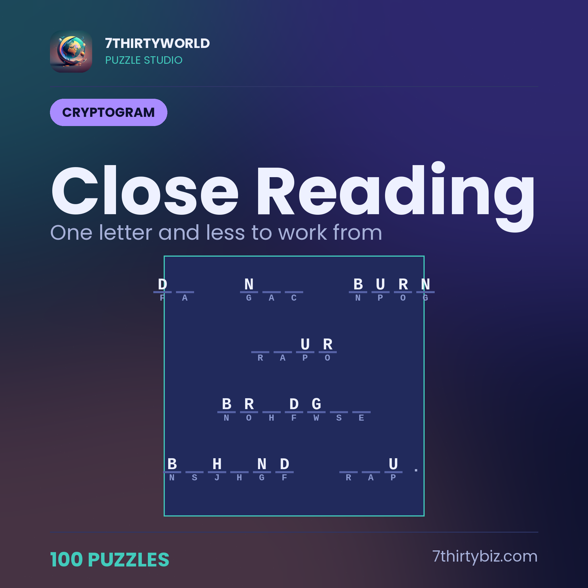 Close reading 100 cryptogram puzzles — a Puzzle Studio pack