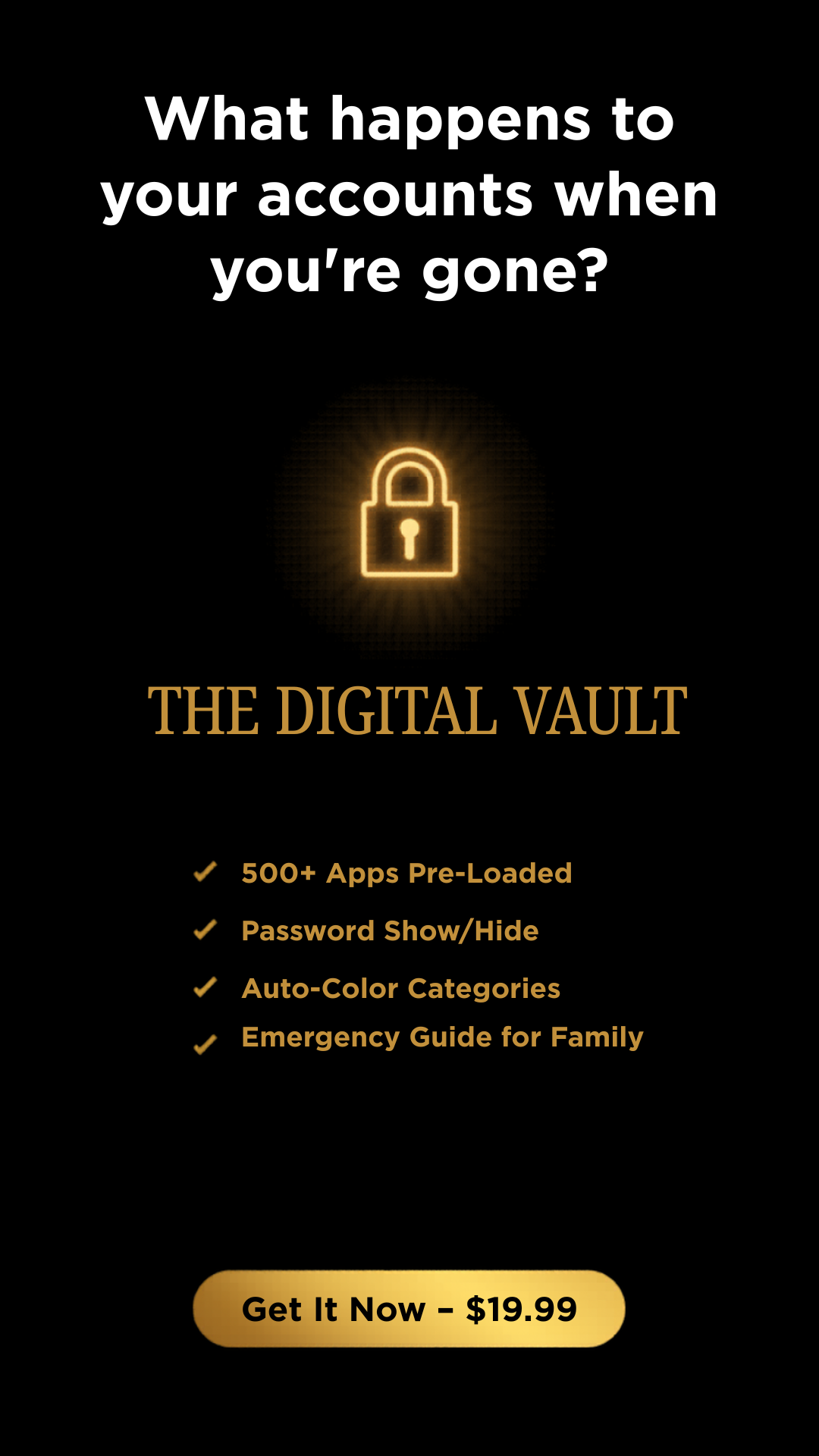 The Digital Vault™ — Complete Digital Legacy Organizer | Password Tracker | Digital Will Spreadsheet