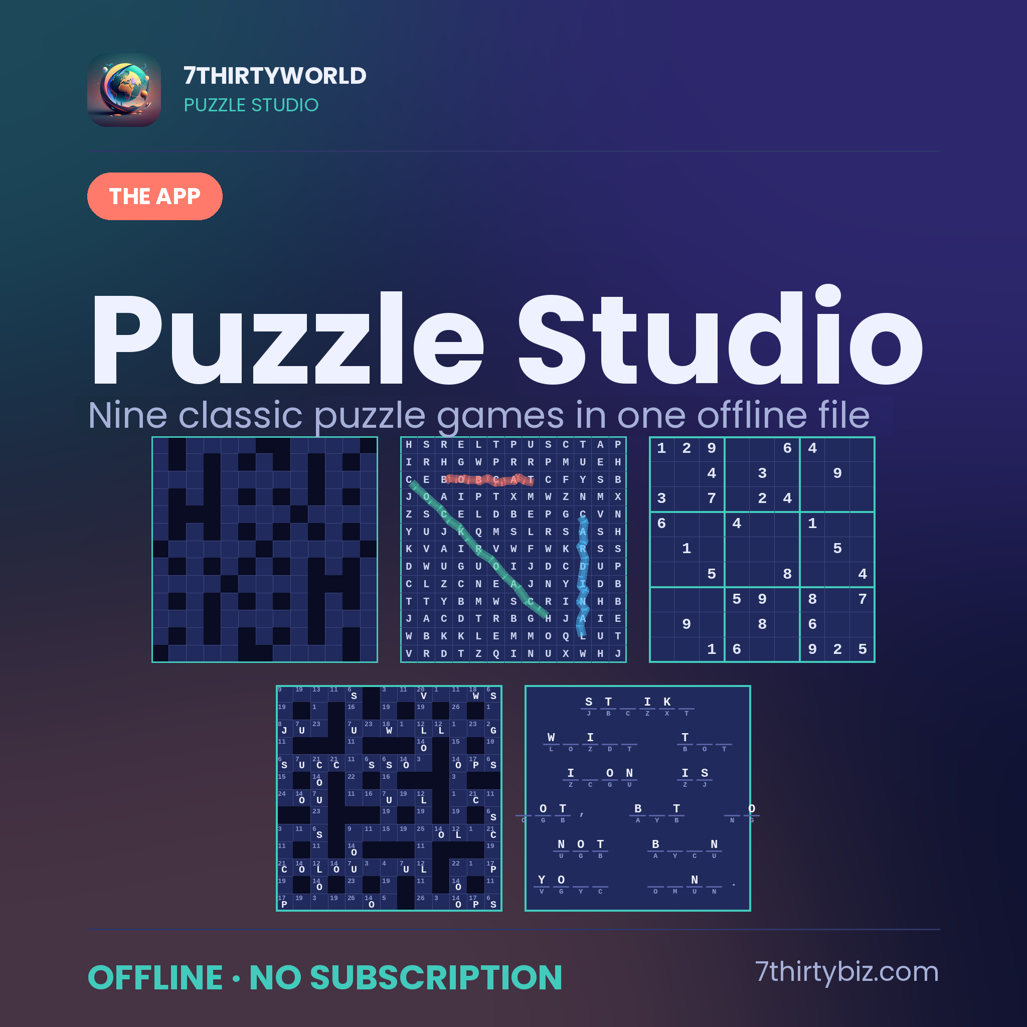 7ThirtyWorld Puzzle Studio — nine classic puzzle games in one offline file