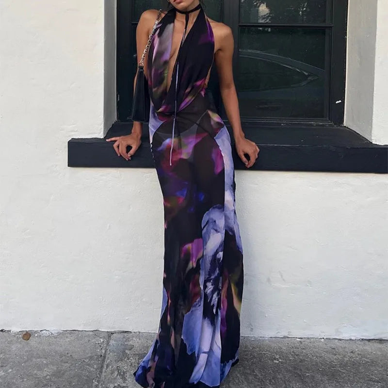 Backless Maxi Dress Women Sexy Purple Print Halter Bodycon Dress Summer Beach Outfits Elegant Sleeveless Club Party Dress