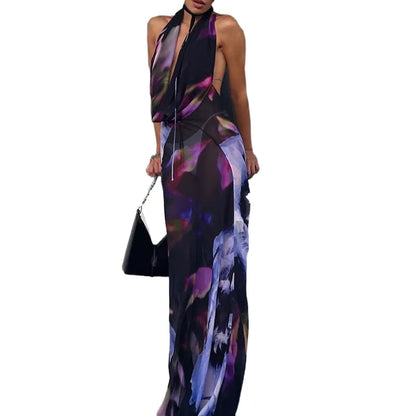 Backless Maxi Dress Women Sexy Purple Print Halter Bodycon Dress Summer Beach Outfits Elegant Sleeveless Club Party Dress