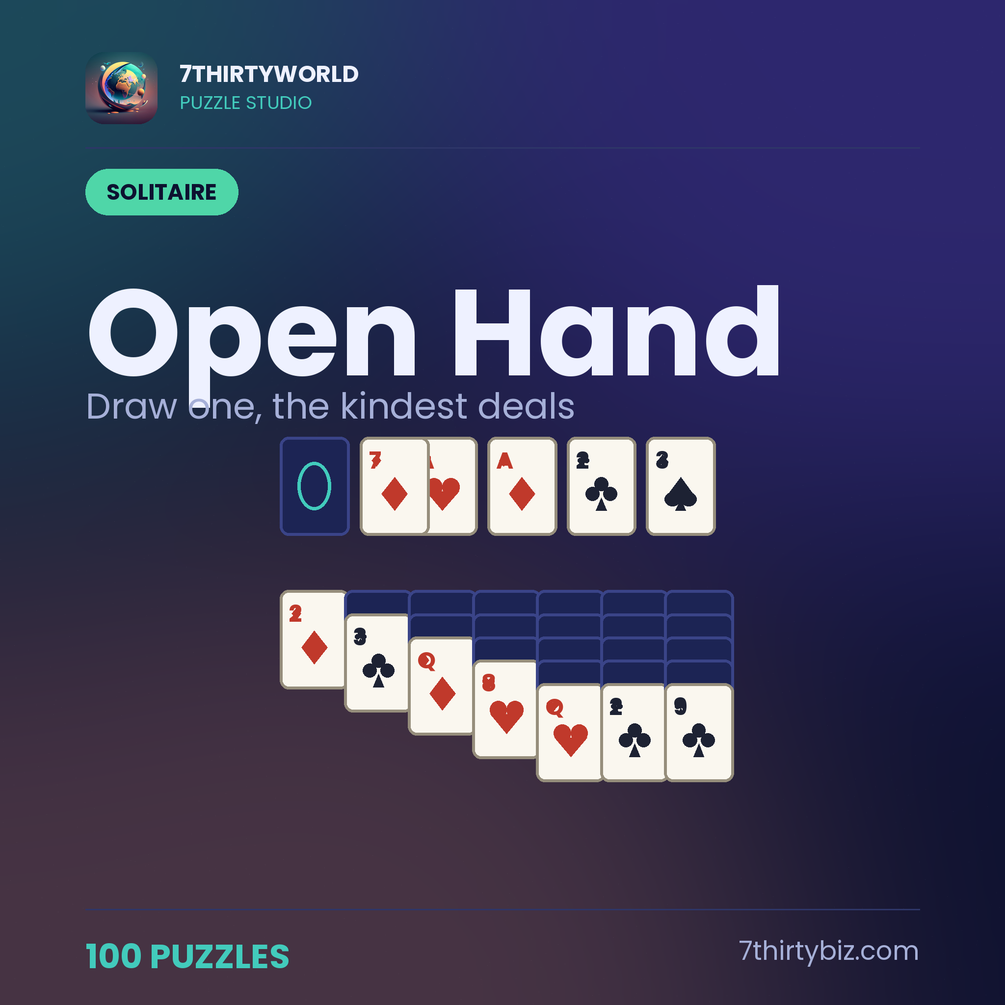 Open hand 100 solitaire deals — a Puzzle Studio pack