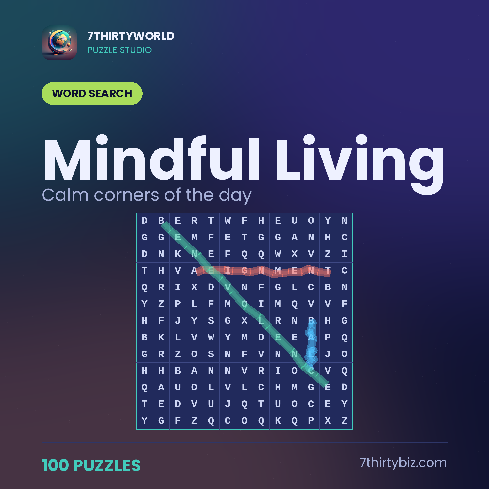 Mindful Living 100 word search puzzles — a Puzzle Studio pack