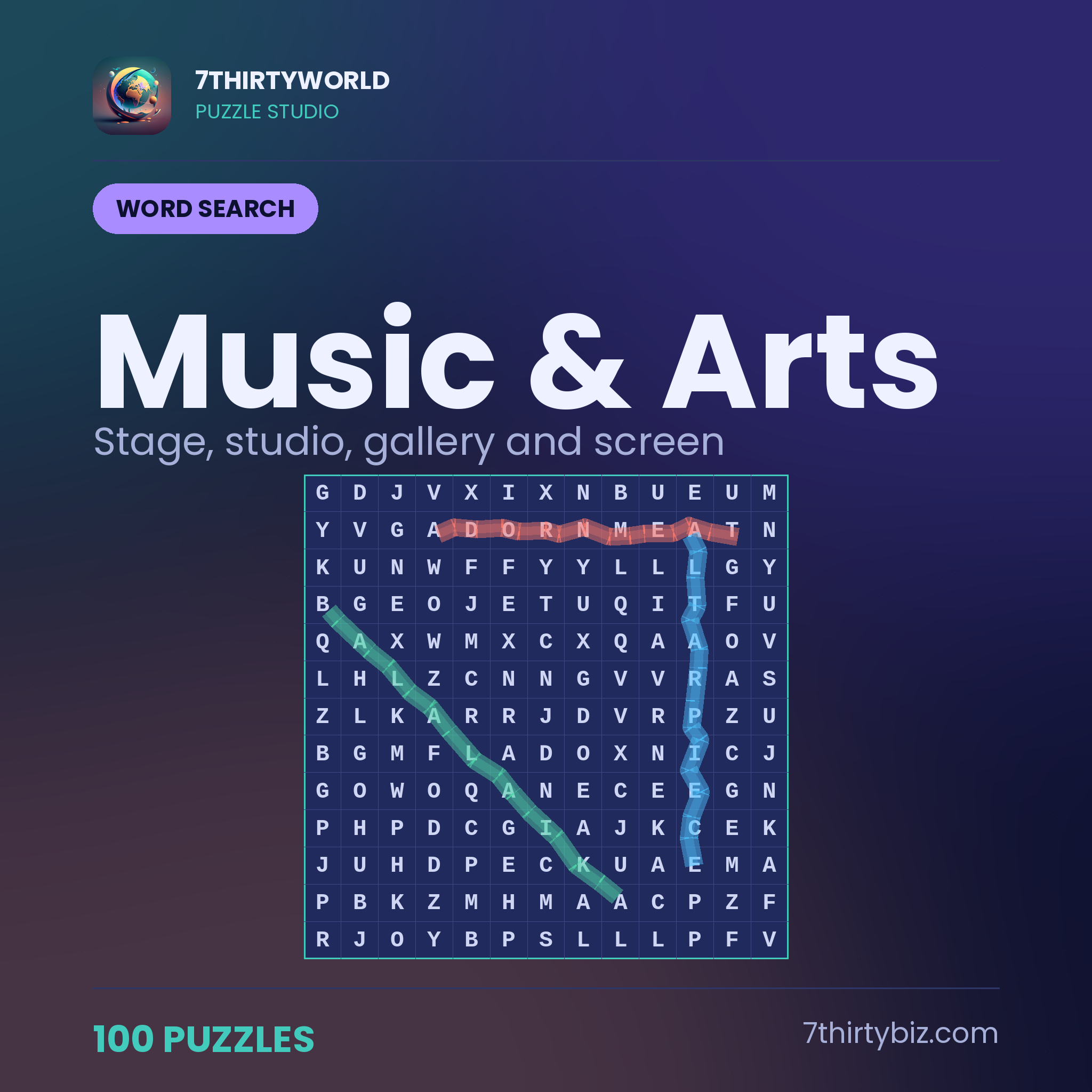 Music, Arts & Entertainment 100 word search puzzles — a Puzzle Studio pack