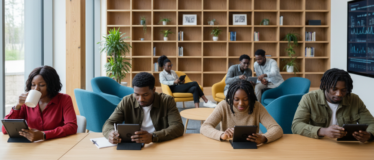 library with ebook setting, young black people